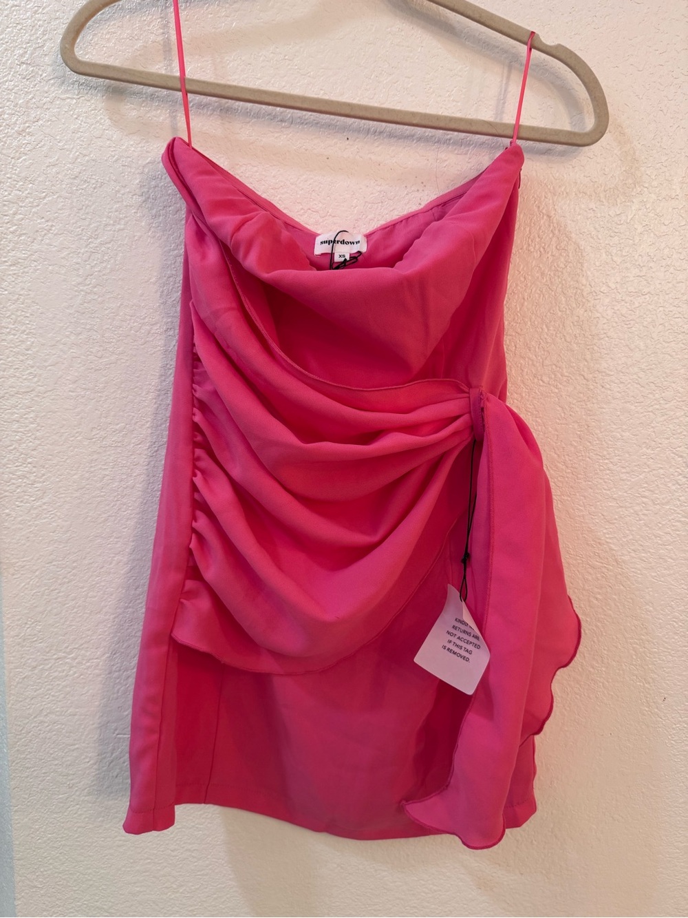 superdown Hot Pink Strapless Ruched Mini Dress with Side Ruffle - Picture 4 of 16